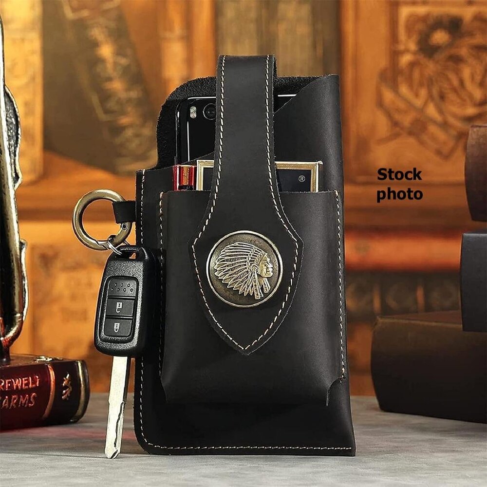 Brown Leather Cell Phone Holster Indian Head Snap Closure Belt Loop Pouch